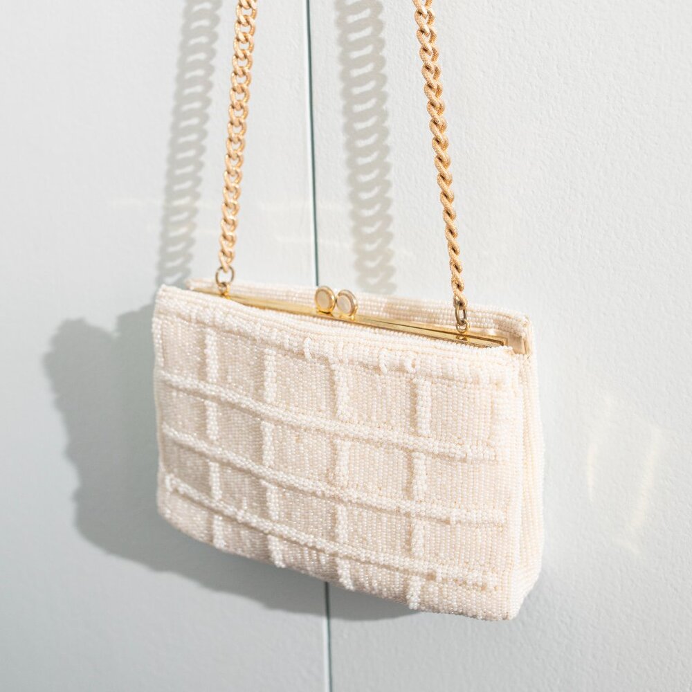 Vintage White Beaded Square Evening Bag with Gold Chain, Pearl Clasp